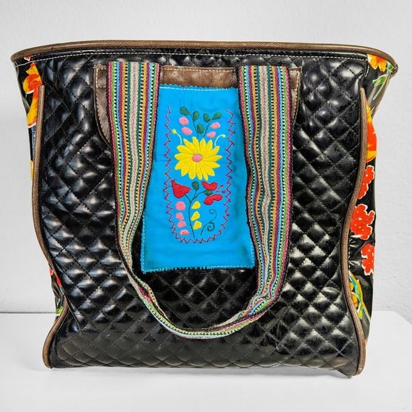 Consuela Bags Consuela Large Black Patent Quilted Floral Tote Bag